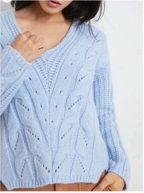 Anthropologie Sky Blue Ramona Cable Knit V-neck Sweater Size S